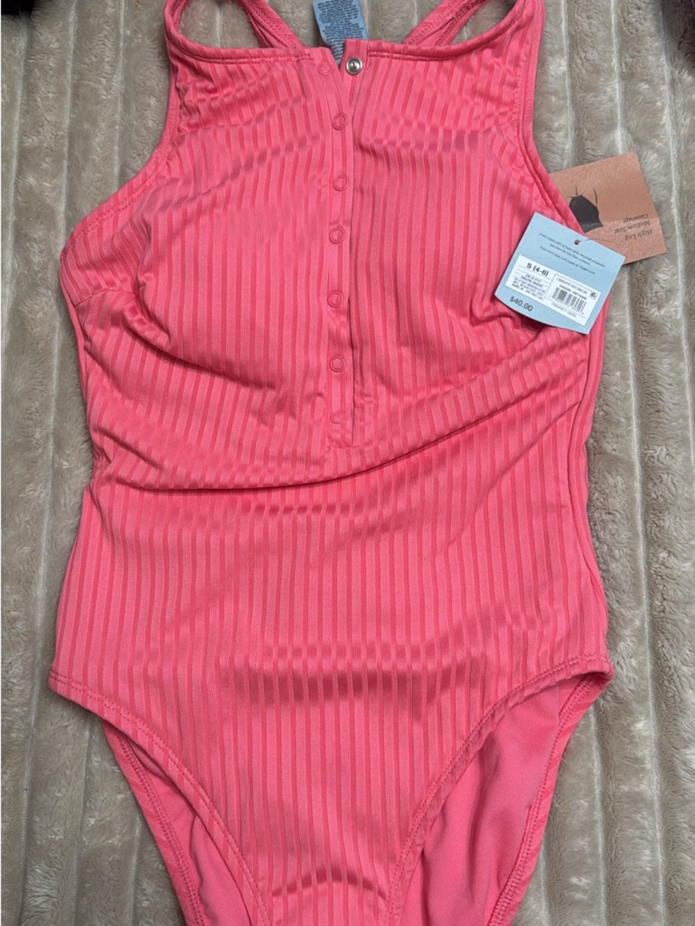 Woman’s Small' Pink Ribbed One-Piece Swimsuit shade and shore